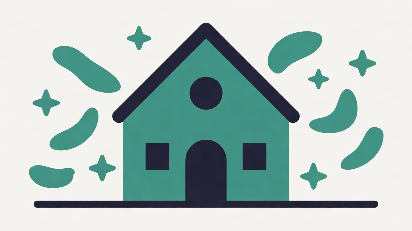 Flat illustration of a teal house standing steady on a navy line, surrounded by drifting teal shapes and small stars on a warm grey background