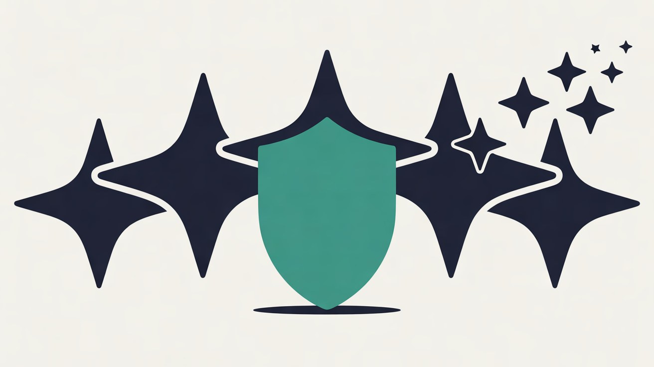 Flat illustration of a teal shield standing in front of a row of large navy stars, with small stars drifting away to the upper right on a warm grey background