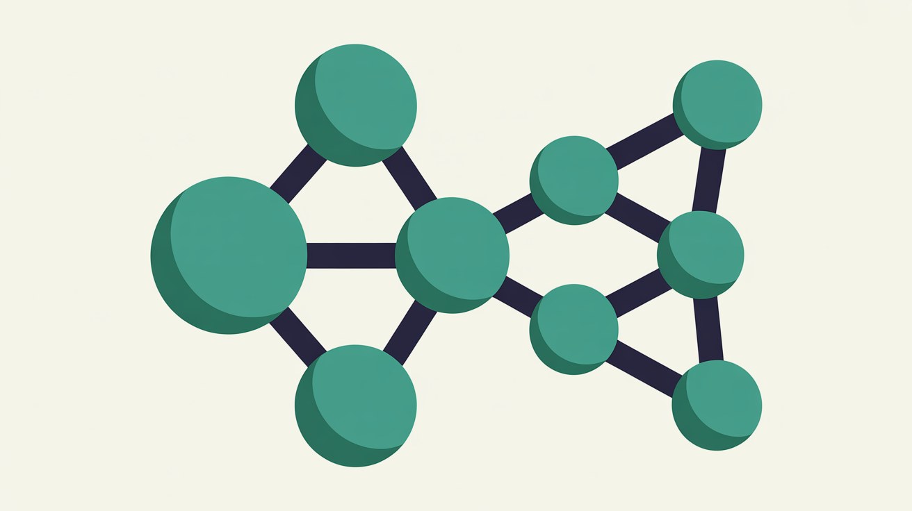 An abstract cluster of teal network nodes with one duplicated node branching off, suggesting a copy diverging from the original