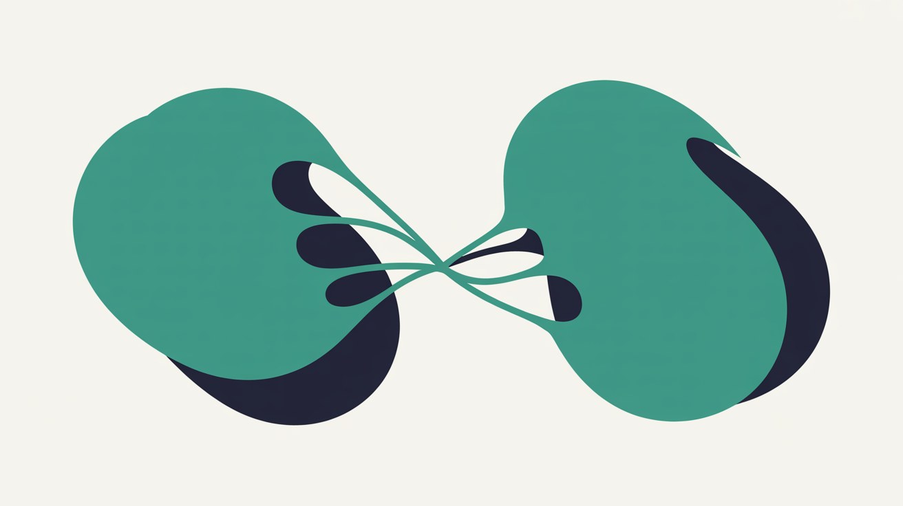 Two nearly identical abstract teal shapes on a warm grey background, one subtly distorted to suggest a genuine original beside a copy