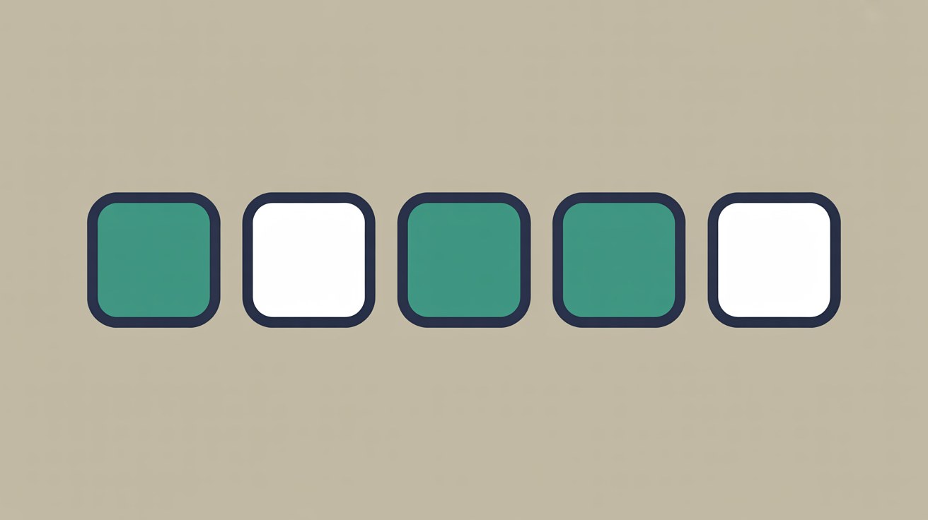 Row of five small rounded square icon shapes on a warm grey background, three filled in teal and two left blank
