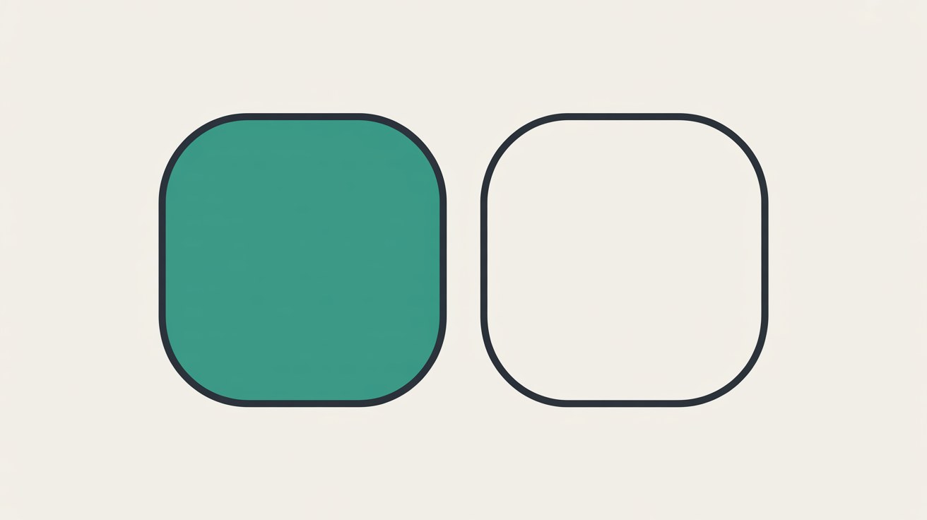 Two rounded square icon shapes side by side on a warm grey background, one filled solid teal and one left as an empty outline