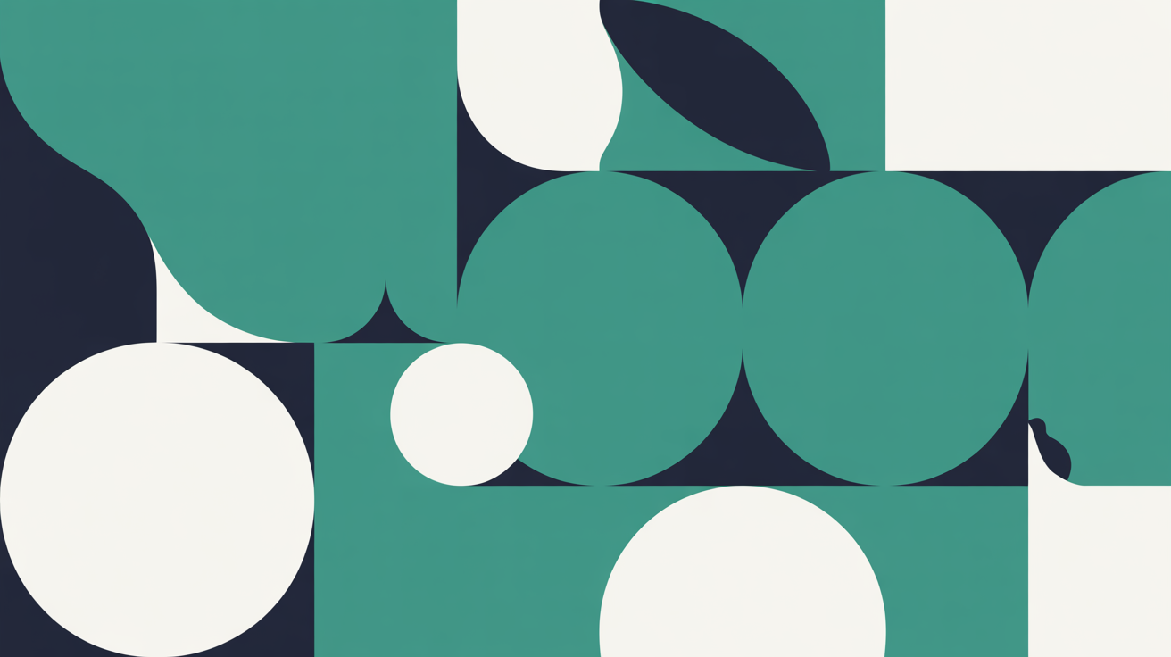 Flat illustration of simple geometric shapes assembling into a cohesive structure on warm grey background