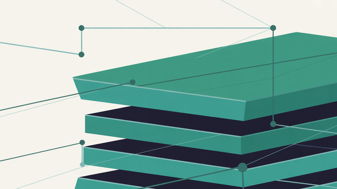 Layered flat illustration showing infrastructure elements stacked beneath a simple website shape in teal and warm grey