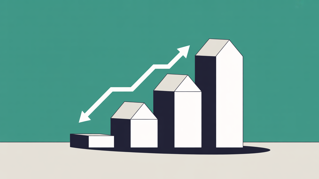 Flat illustration of building blocks assembling into a website on a warm grey background with teal accents