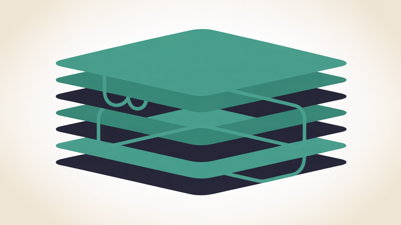 Abstract layered network diagram in teal on warm grey background, representing the connected layers of a WordPress hosting stack