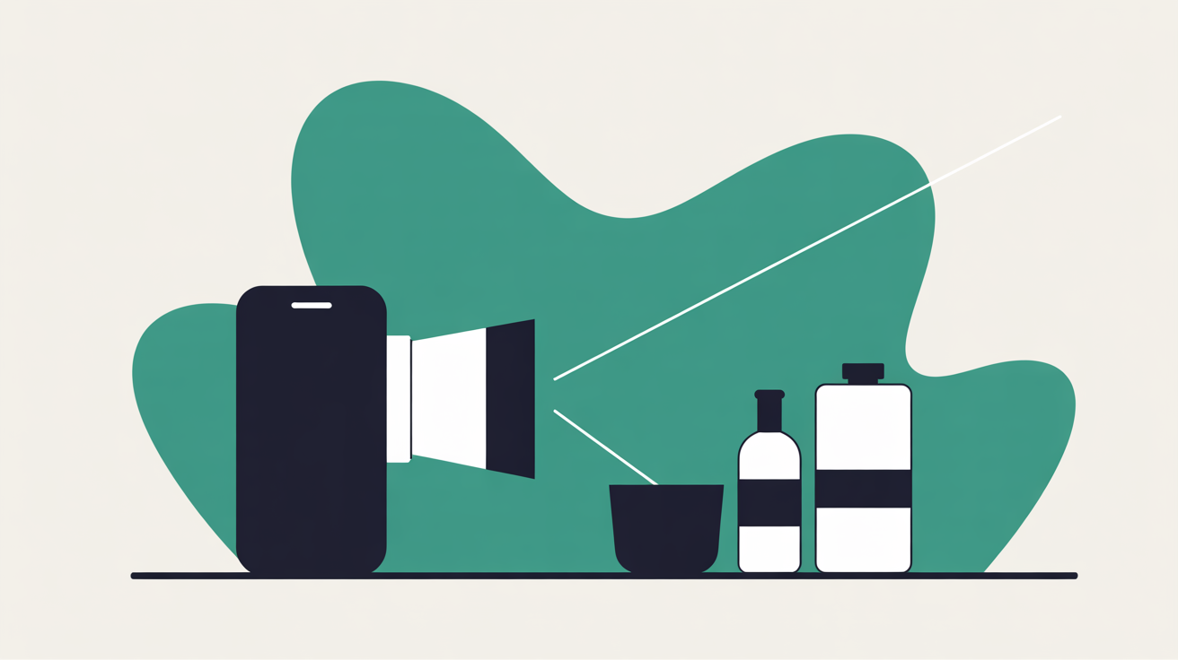 Flat illustration of a smartphone photographing products on a shop counter with teal accents on warm grey background