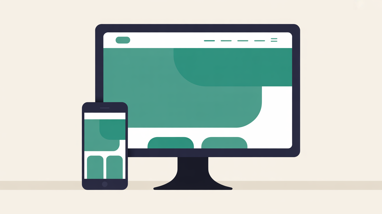 Flat illustration of a website displayed on both a desktop monitor and a mobile phone with teal accent elements on warm grey