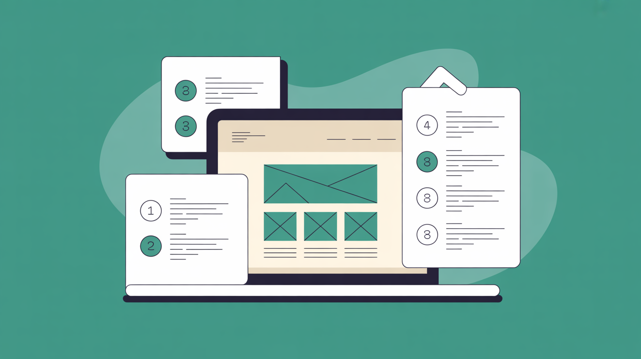 Flat illustration of numbered checklist items floating around a completed website layout with teal accents on warm grey background