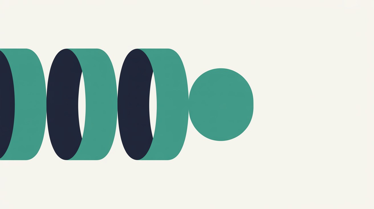 Three teal cylindrical forms in a row leading to a single teal circle on a warm off-white background