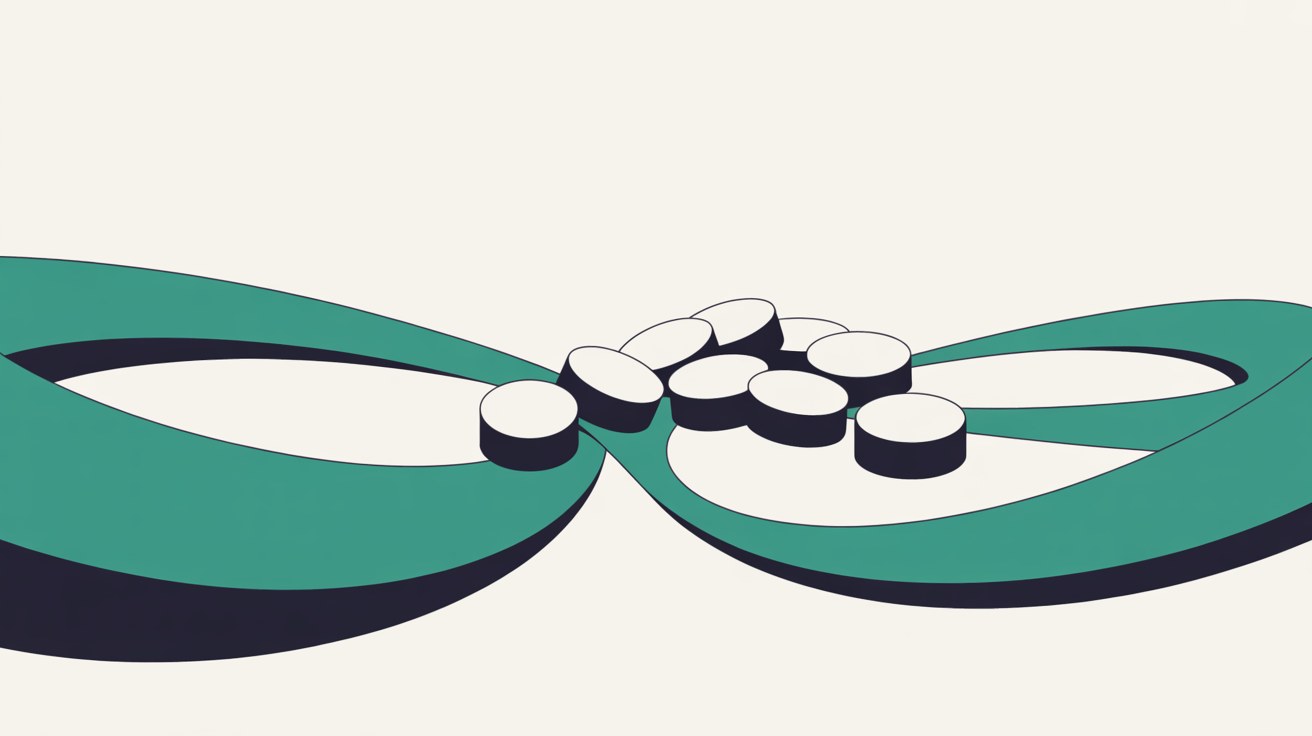 Flat illustration of a small cluster of pale disc shapes resting where two curving teal ribbons cross on a warm off-white background