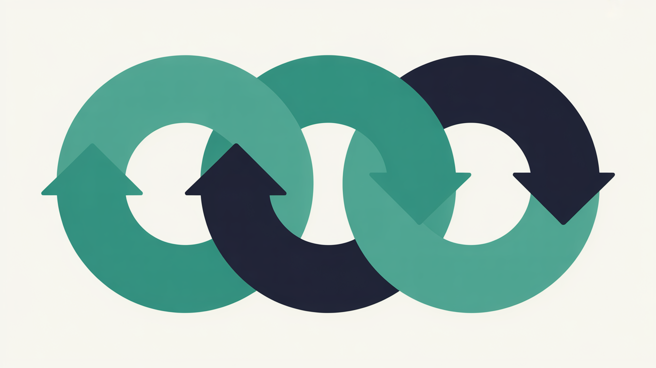 Circular arrows forming a renewal cycle with teal and navy tones on warm grey, representing automated certificate renewal
