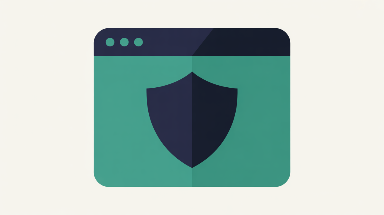 Flat illustration of a browser window shape with a shield symbol suggesting website protection and trust