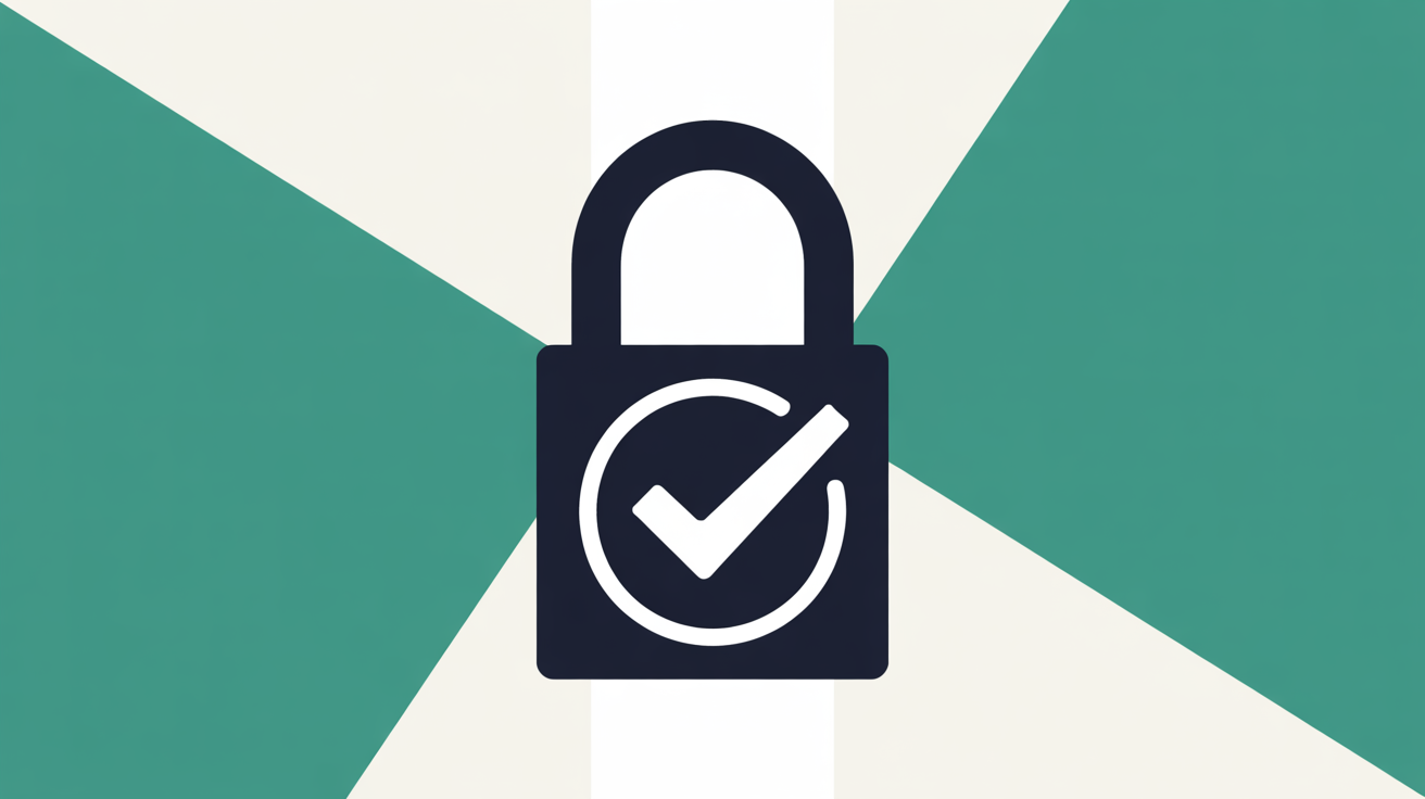 Flat illustration of a padlock with a checkmark on a warm grey background suggesting website security and trust