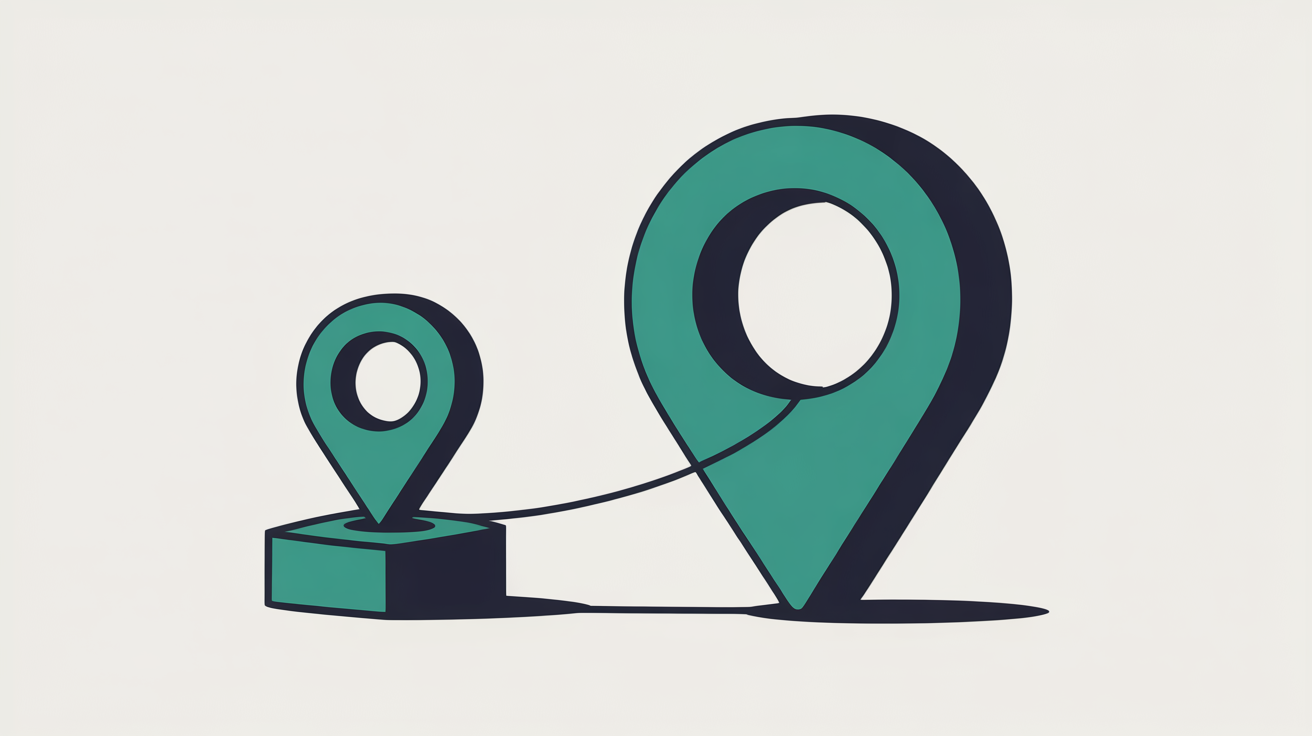 Two abstract teal address markers on a warm grey background, one small and tethered by a thin line, one larger and freestanding, suggesting a borrowed address versus an owned one