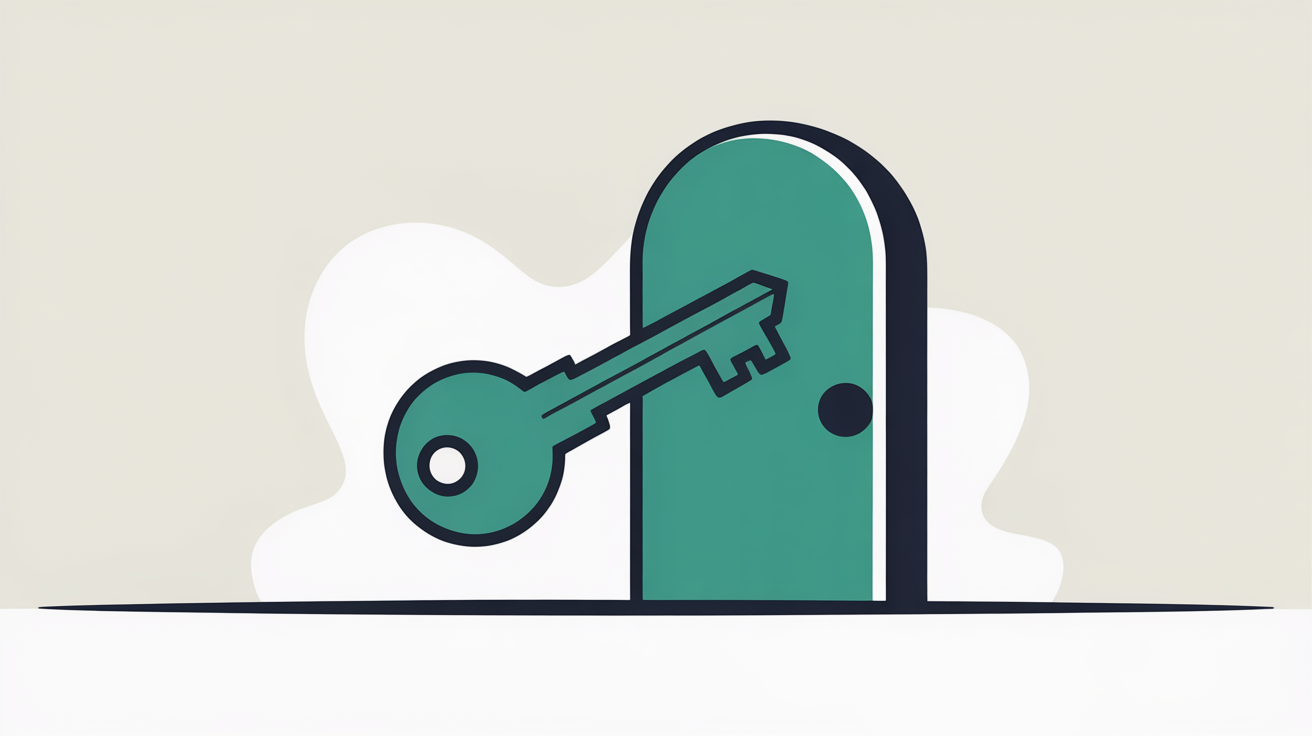 A teal key positioned in front of a simple arched front-door shape on a warm grey background, symbolising owning your own web address