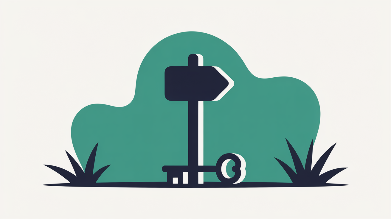 Abstract teal signpost shape standing on a warm grey background with a single key motif at its base, suggesting an owned online address