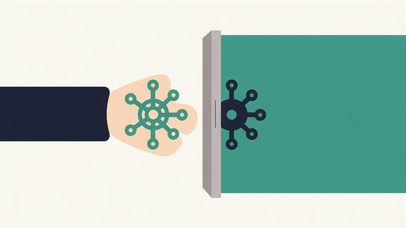 Flat abstract illustration with a set of controls held inside a clear connected network on one side and the same controls placed behind a wall out of reach on the other, teal on warm grey