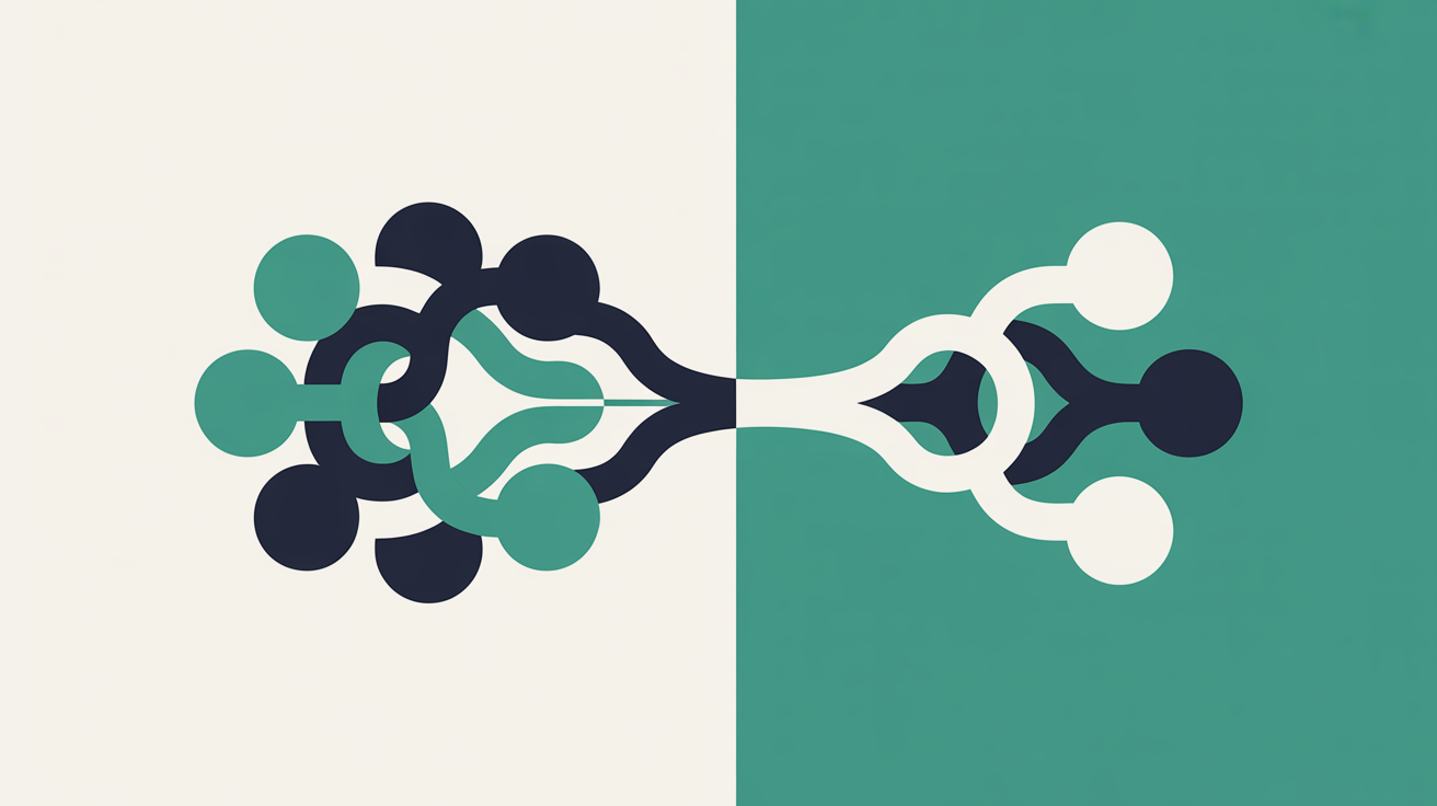 Flat abstract illustration of two contrasting paths splitting from a single point, one tangled and one clear, in teal on a warm grey background