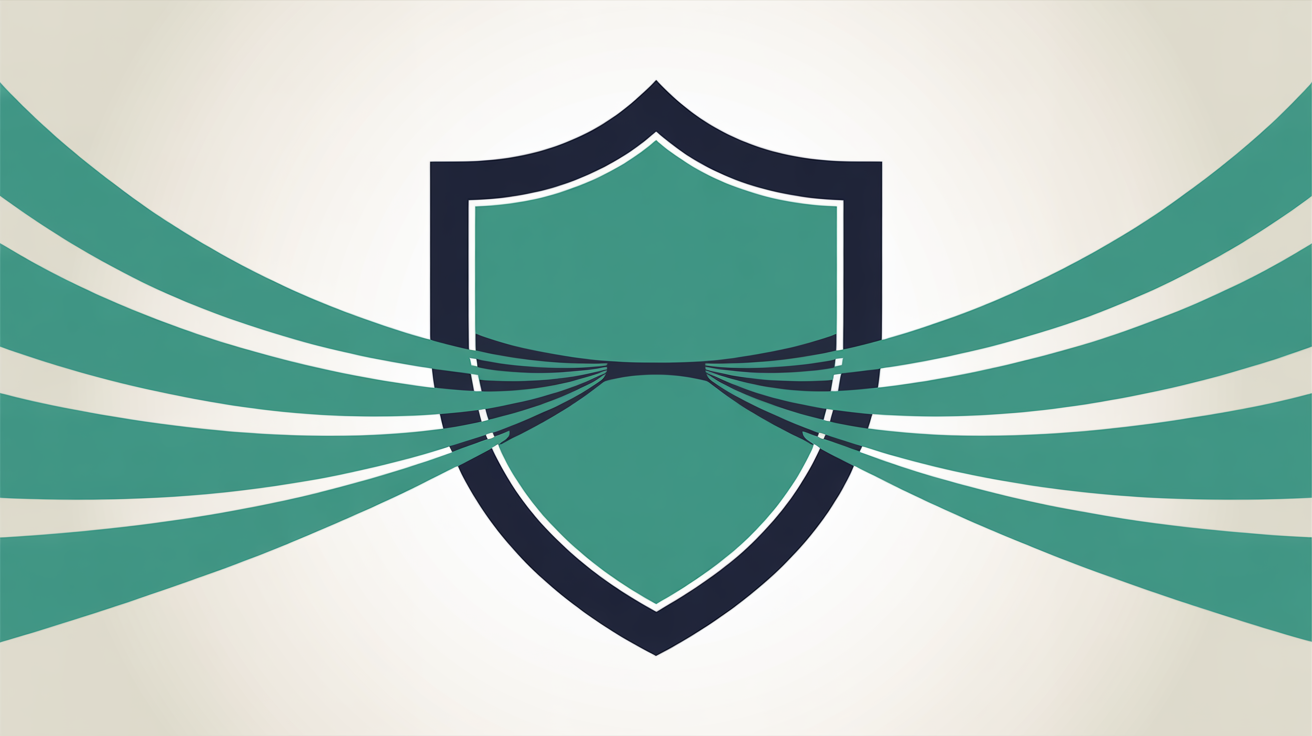 Abstract shield shape with flowing teal lines representing data protection simplicity on a warm grey background