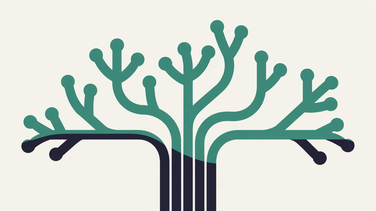 Abstract flat illustration of multiple data flow paths branching from a central server node, teal connecting lines on warm grey background