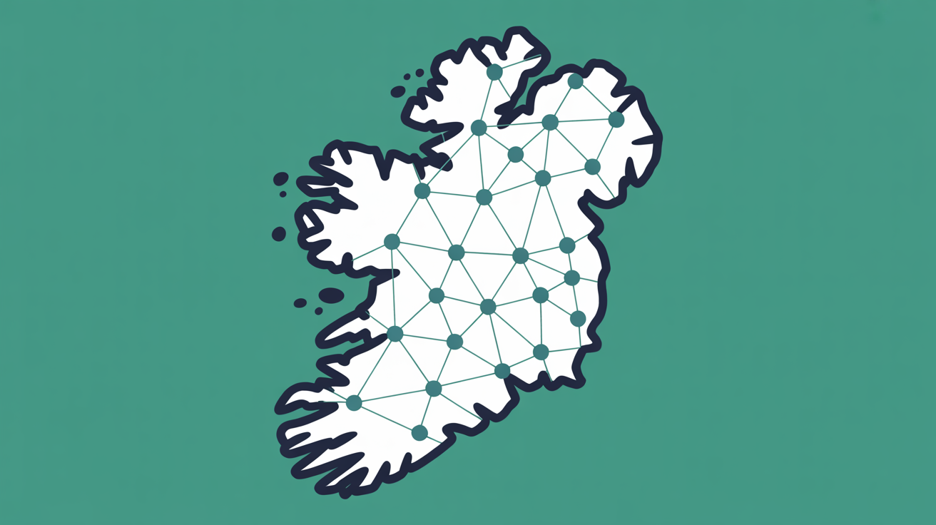 Clean abstract illustration of interconnected shield and data node shapes in teal on a warm grey background, representing sovereign infrastructure