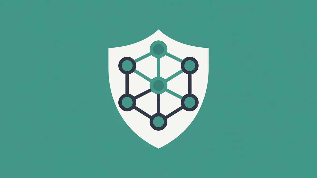 Abstract flat illustration of interconnected data nodes and secure network paths in teal and warm grey tones