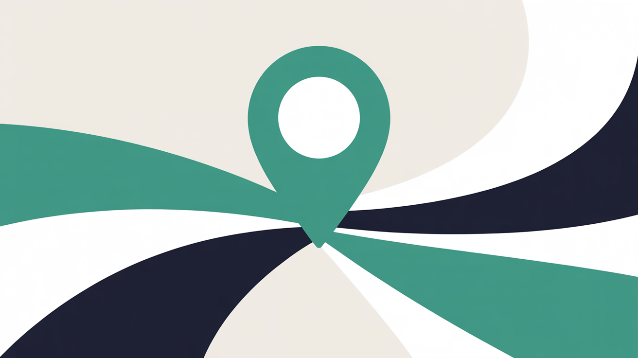 Abstract teal map pin connecting to flowing lines on a warm stone background suggesting local search discovery