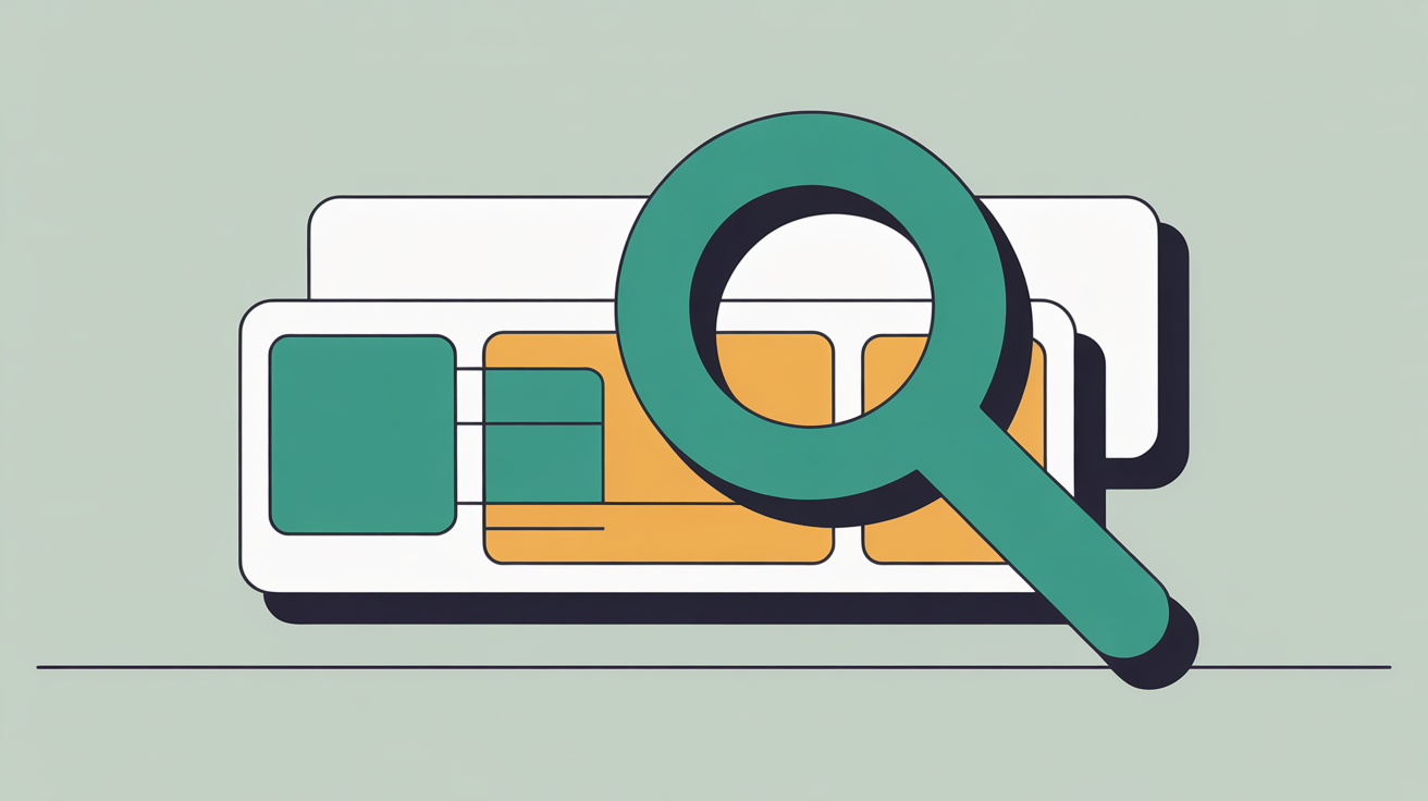 Teal magnifying glass shape hovering over abstract content blocks on warm grey background