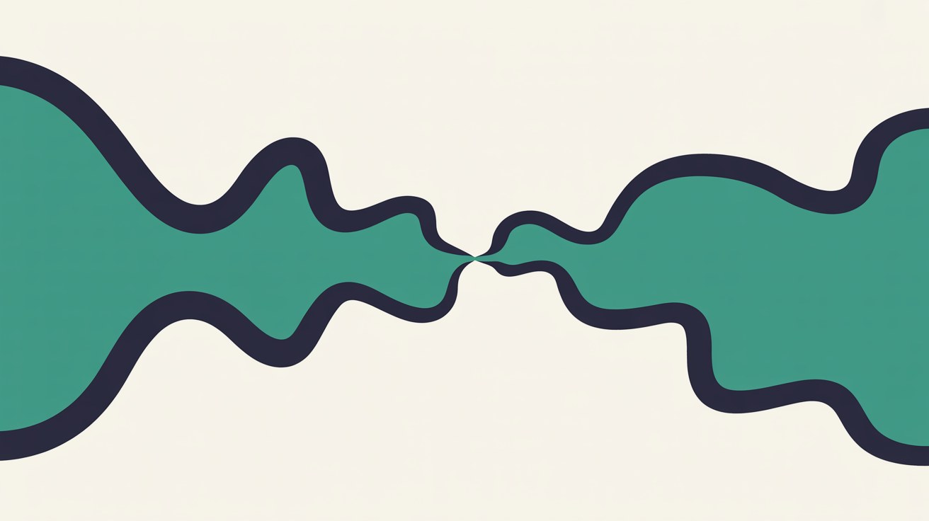 Two wide teal forms outlined in deep navy narrowing to a single pinch point at the centre of a warm off-white field