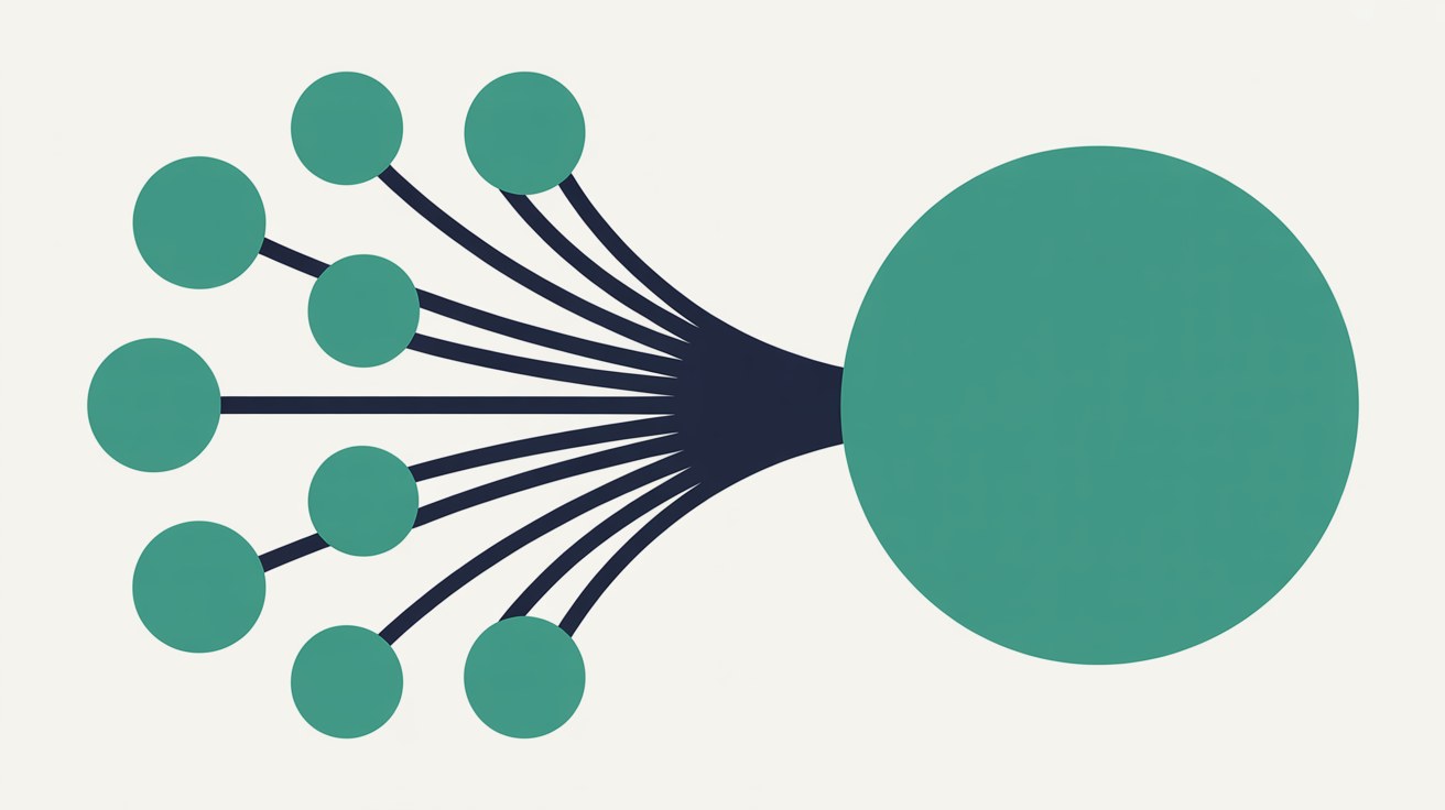 A cluster of small teal circles connected by fine navy lines converging into one larger circle on a warm grey background