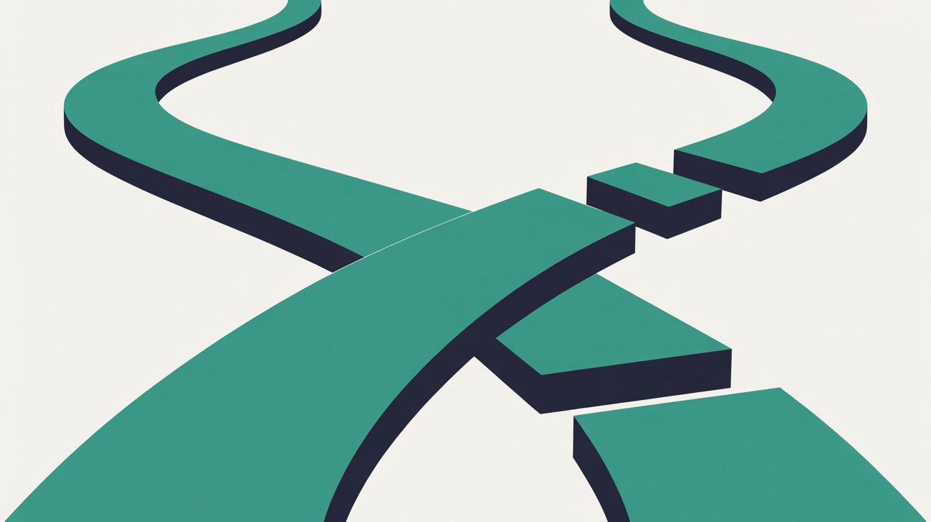 Flat illustration of broad teal pathways branching and crossing over a warm off-white background, edged in deep navy