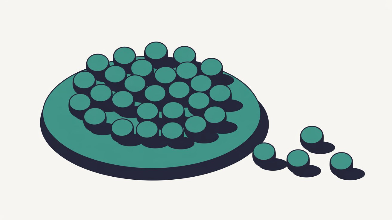 Flat illustration of teal discs collected together on a single tray, with a few discs that have rolled off and sit apart from it