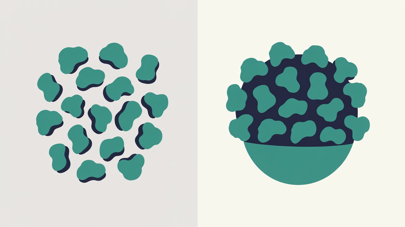 Flat illustration split into two zones: loose teal shapes scattered across the left, the same shapes gathered inside a single container on the right