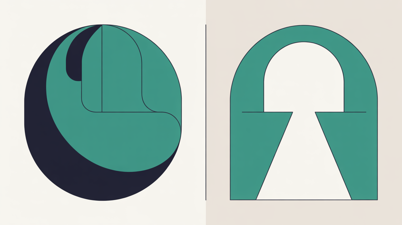 Two contrasting abstract zones separated by a line, one a sealed enclosed shape and the other an open archway with a path leading out
