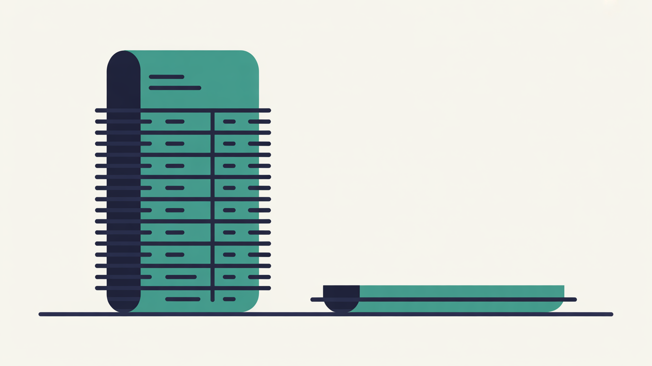 Abstract flat illustration of a renewal invoice expanding into multiple separate line items, with a single flat teal bar representing the alternative all-inclusive option, on warm grey background