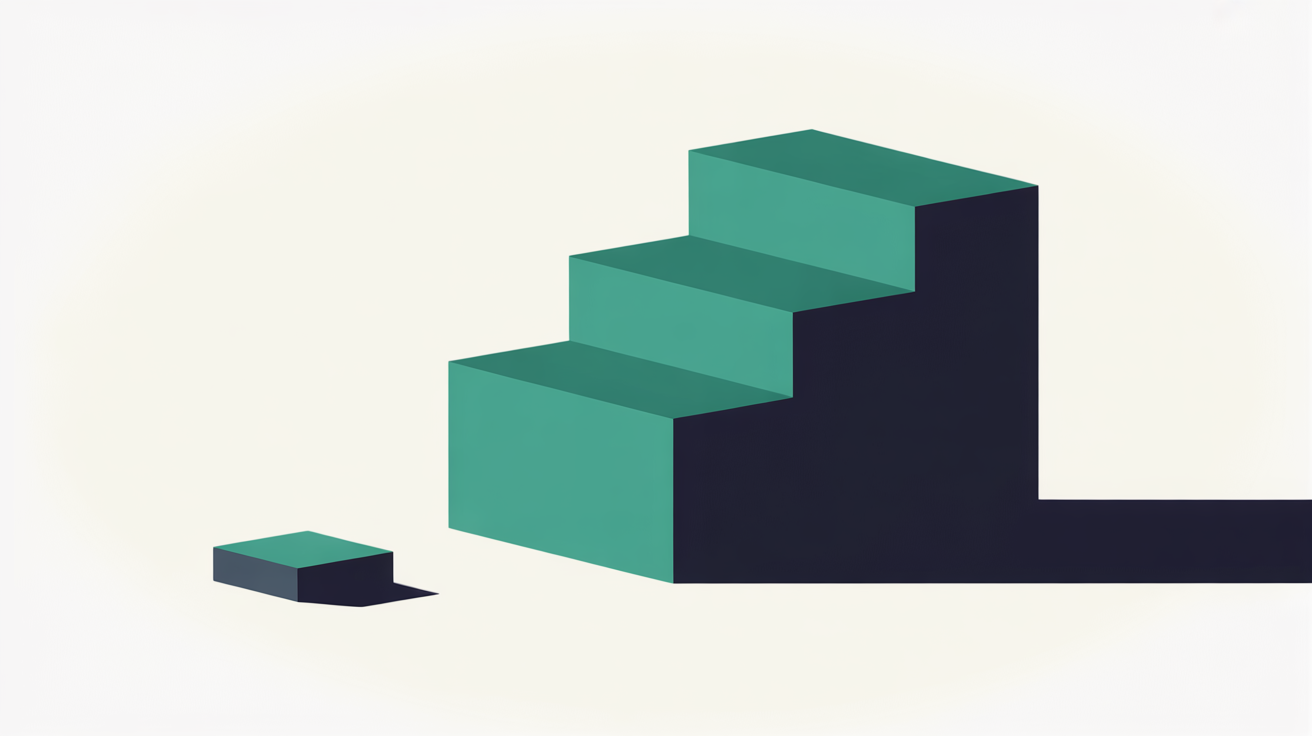 Abstract flat illustration of an upward-stepping shape on warm grey background, with a smaller flat shape beside it, representing the gap between introductory and renewal hosting pricing