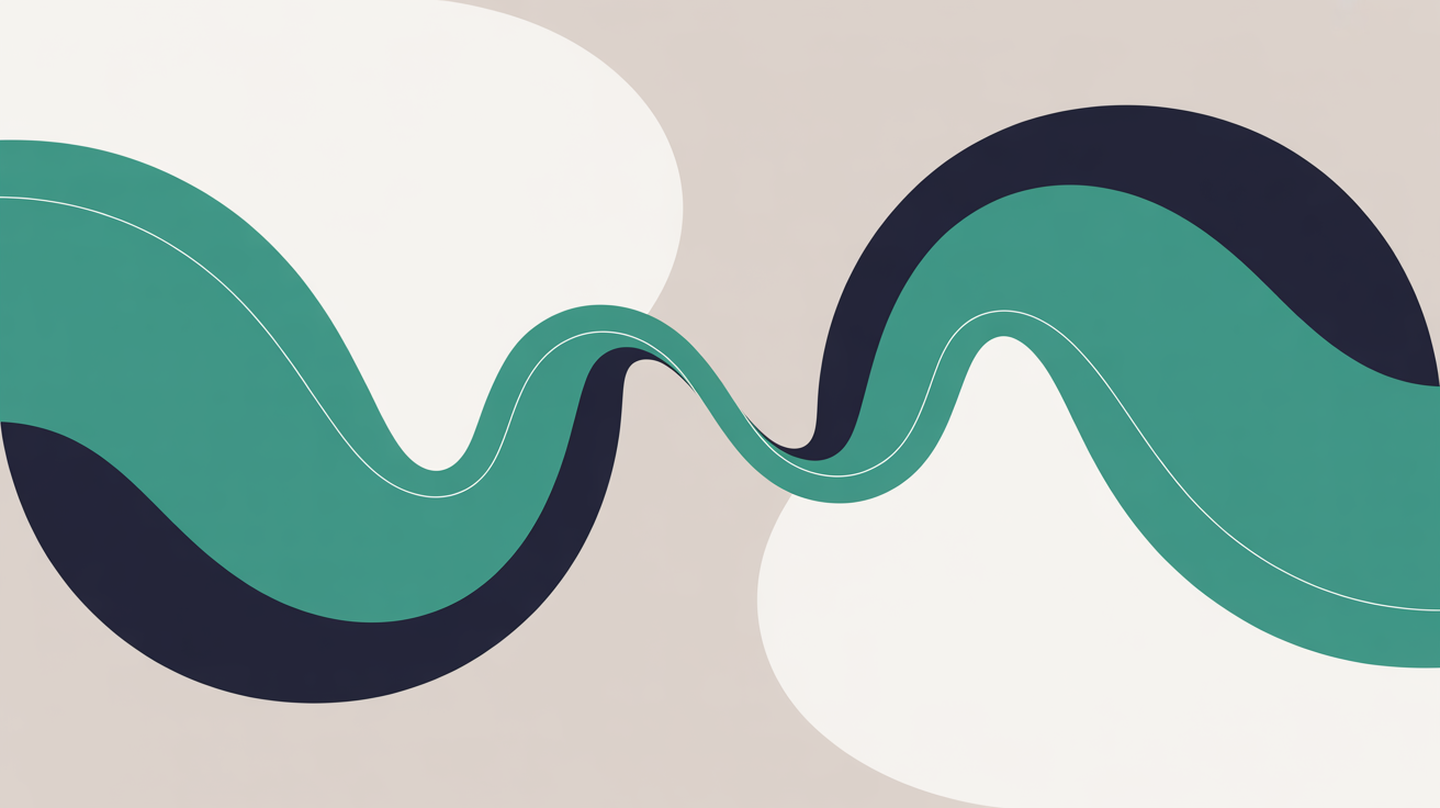 Abstract flat illustration of two flowing teal lines transitioning between two zones on warm grey background, representing a smooth migration from one hosting environment to another