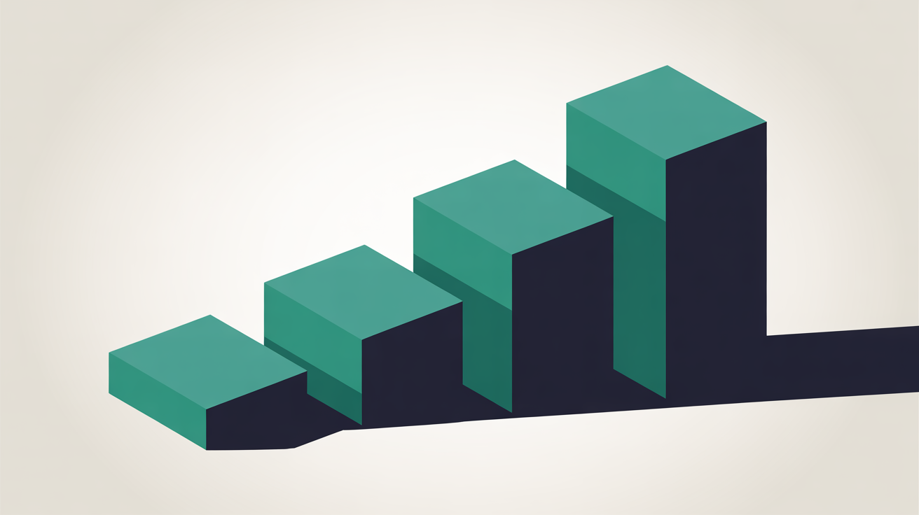 Abstract flat illustration of geometric blocks stacked progressively taller in teal on warm grey background, suggesting escalating costs