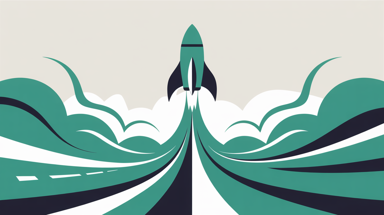 Flowing teal lines and shapes accelerating upward on warm stone grey background suggesting launch momentum