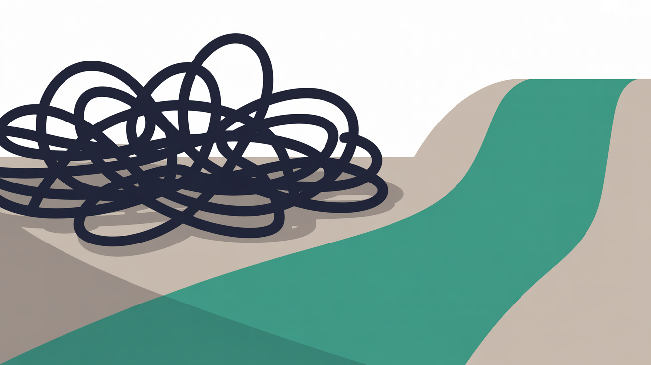 Abstract flat illustration showing a simple upward path made of teal geometric shapes on a warm stone grey background