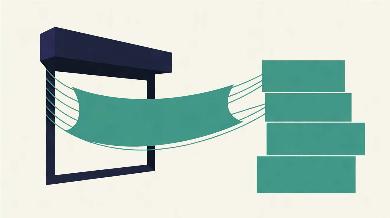 Flat illustration of a navy shop-window frame with a teal banner pulled by thin lines towards a stack of teal rectangles