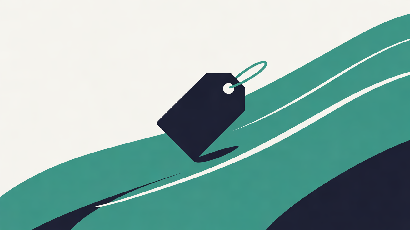 Flat illustration of a navy price tag riding a sweeping diagonal teal wave across a warm off-white background