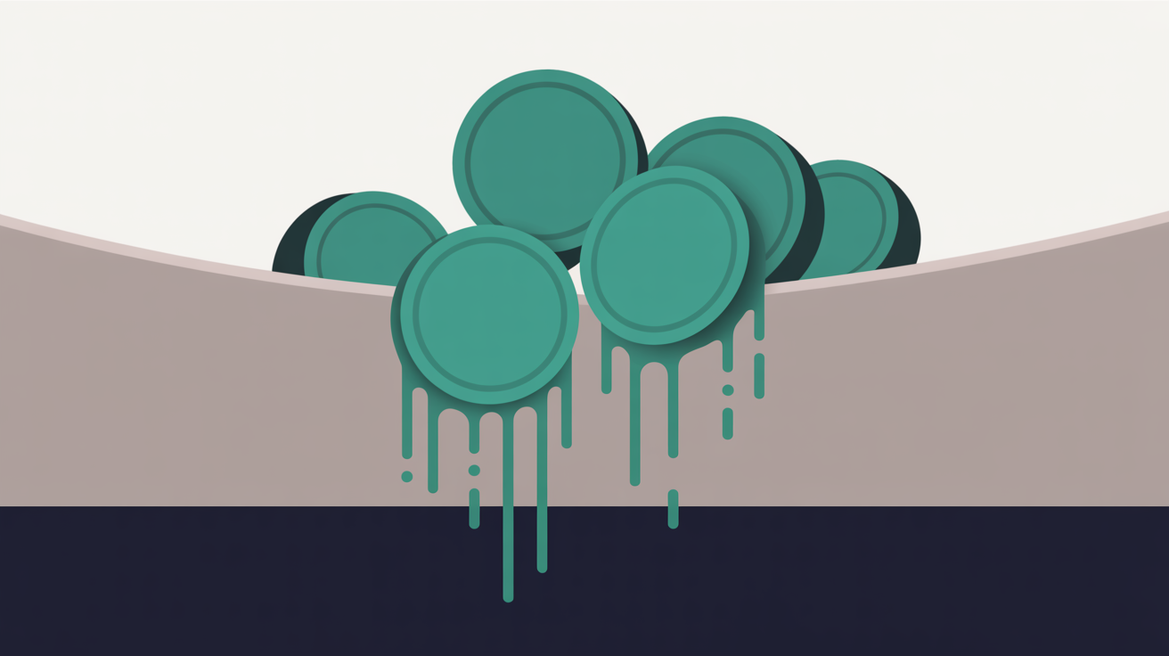 Abstract flat illustration of teal coin-like shapes dripping and dissolving as they fall past a warm grey barrier shape, suggesting leaking value