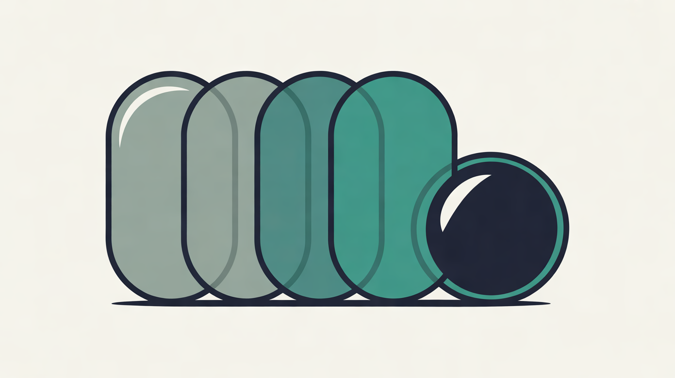 Flat illustration of four overlapping rounded panels shading from grey to teal, with a navy circular lens resting against the last one, on an off-white background