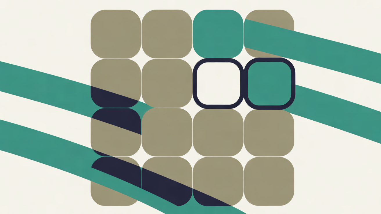 Flat illustration of a grid of rounded grey-olive tiles with a few teal tiles, one empty tile outlined in navy, and broad teal diagonal bands crossing the grid