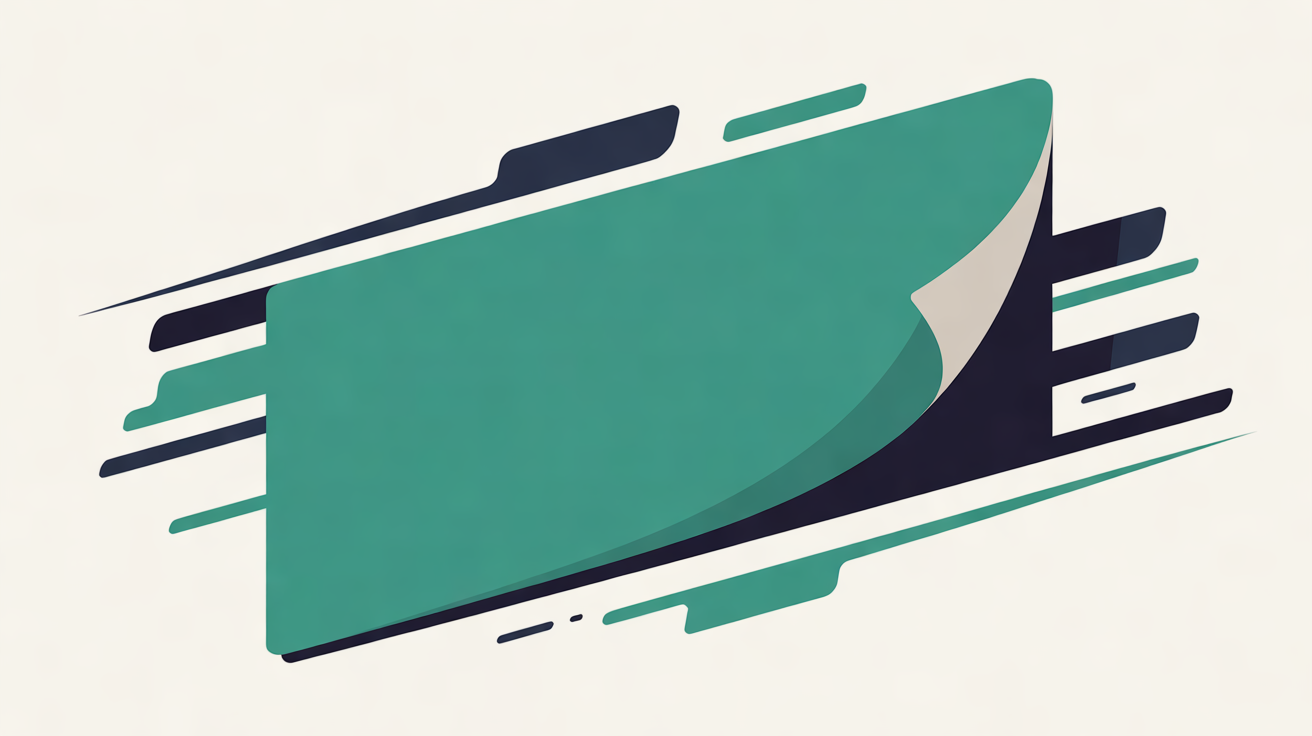 Flat illustration of a teal page shape with its corner peeling back to reveal a navy layer beneath, crossed by teal and navy diagonal strokes on an off-white background