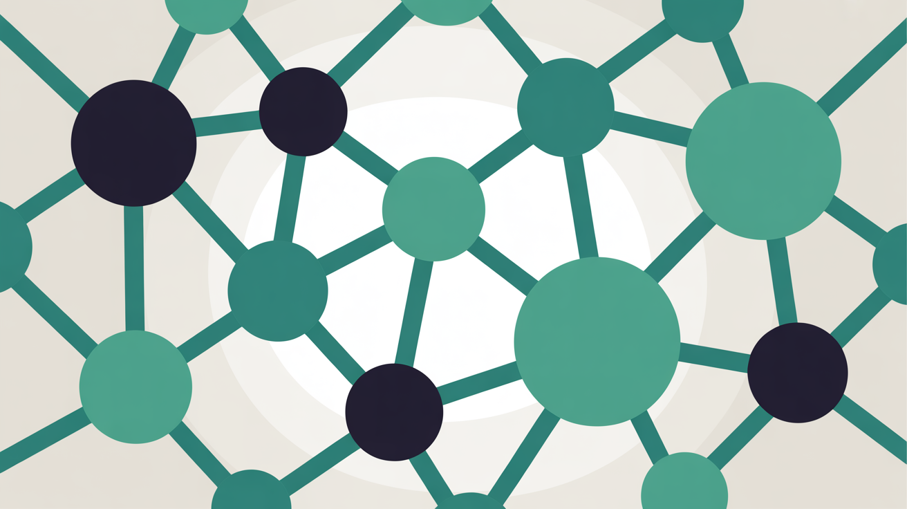 Abstract network of teal nodes with varying prominence connected by clean lines on a warm grey background, suggesting signal hierarchy
