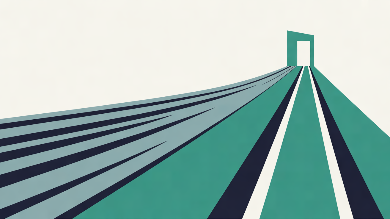 Flat illustration of many grey and navy stripes converging into teal paths that lead towards a single teal doorway on the horizon