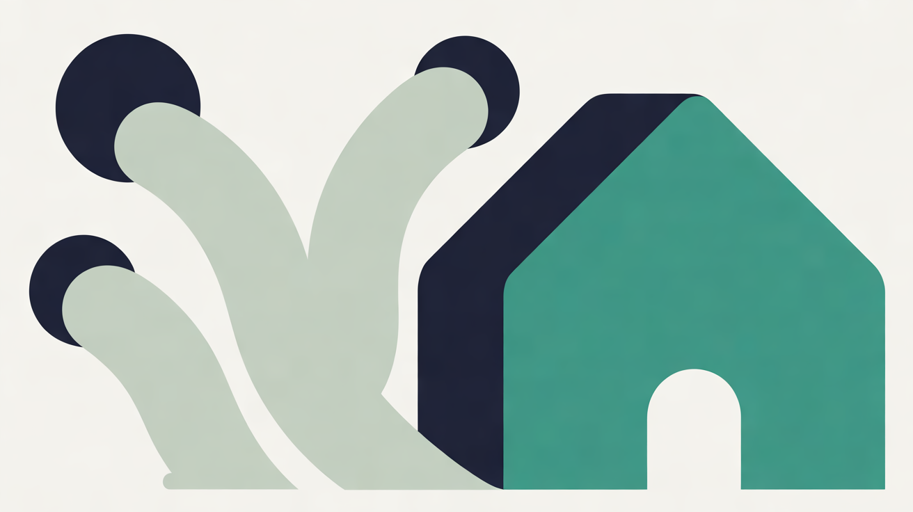 Flat illustration of pale grey curving paths beside a solid teal house shape with an arched doorway, with navy circles on an off-white background